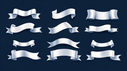 Set of snow-white satin ribbon on a solid dark blue background.