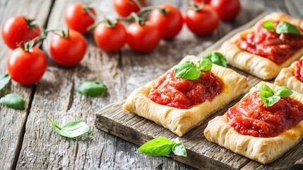 Rustic Tomato Pastry Bites, Wooden Board, Basil, Recipe
