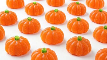 Colorful Pumpkin Shaped Candy Decorations Arranged in Repetitive Pattern on White Surface