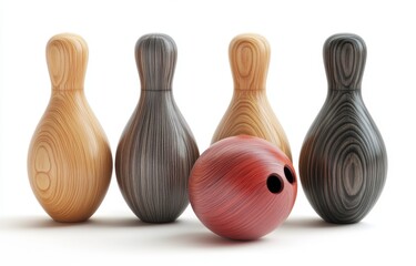 Wooden bowling pins & ball on white