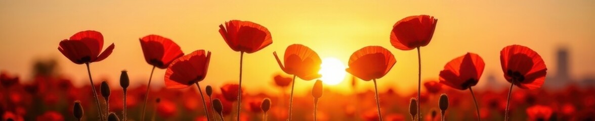 Obraz premium Silhouetted poppy heads, thin stems, sunlit background, light, red