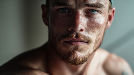 Fototapeta premium A young man recovering from addiction in a rehabilitation centerphotorealistic portrait,