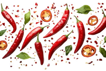  Fresh red chili peppers with crushed spices and green leaves on  png background
