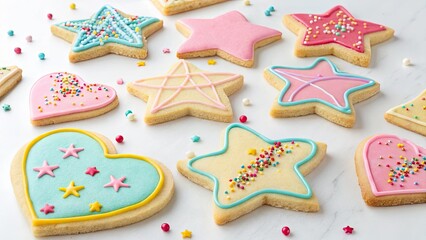 Obraz premium Decorated Assorted Cookies in Star and Heart Shapes with Colorful Icing and Sprinkles on White Background