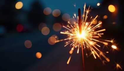 Obraz premium Sparkler's fiery trail against blurred festive lights , event, celebration