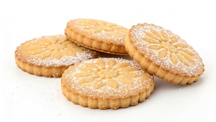 Four Golden Cookies Sprinkled with Powdered Sugar on a White Background Perfect for Dessert Treats
