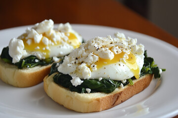 A breakfast spread on a wooden table, featuring sliced artisanal breads with various spreads, a bowl of mixed fresh fruits, and soft-boiled eggs in vintage-style egg cups.