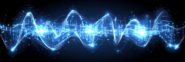 Abstract Futuristic Blue Technology Background, Flowing Digital Circuits And Bright Light Points