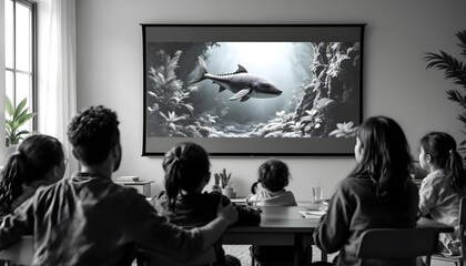 Family Watching Underwater Shark Documentary on Projector Screen