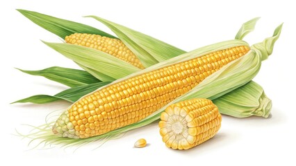 Freshly Harvested Yellow Corn on the Cob with Green Husks and Sliced Piece Isolated on White Background