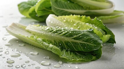 Obraz premium Freshly Sliced Romaine Lettuce With Water Droplets Resting on White Surface