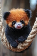 Obraz premium Adorable Red Panda Cub on Rope Generated AI