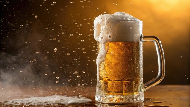 Frothy Mug of Golden Beer with Bubbling Foam and Refreshing Splash on a Wooden Table