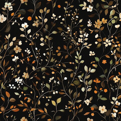 Seamless dark floral vine pattern with autumn color palette on a black background