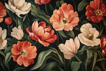 Dark floral artwork with tulips in red and white.
