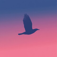 Dark Bird Silhouette Soaring Across a Pink and Blue Sky