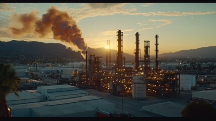 Industrial Sunset with Smoke and Silhouetted Oil Refinery Against Mountain Landscape