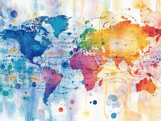 Naklejka premium Abstract watercolor of interconnected global economy, trade routes merging into financial hubs, world map with money flow, futuristic financial web. 