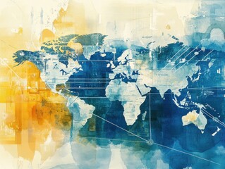 Obraz premium Abstract watercolor of interconnected global economy, trade routes merging into financial hubs, world map with money flow, futuristic financial web. 