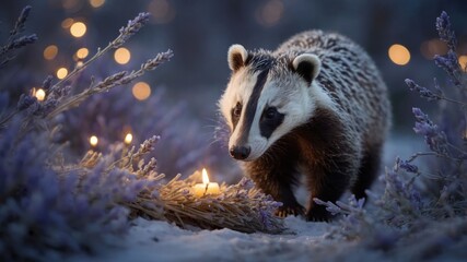 Obraz premium A solitary badger foraging through lavender under soft candlelight in a serene evening setting