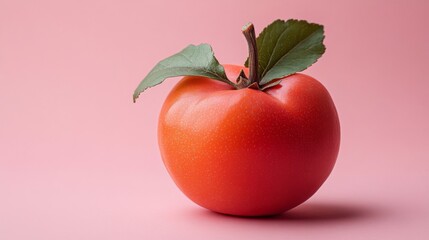 Red Apple with Green Leaf on Pink Background