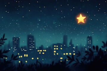 Naklejka premium Night Cityscape Viewed Through Foliage With A Shining Star