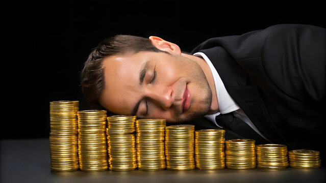 A businessman with a relaxed smile lies sleeping on gold coins