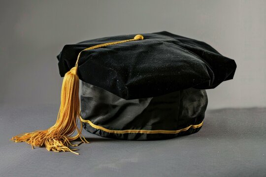 Black graduation doctoral hat with gold tassel represents the culmination of years of study and the achievement of highest educational degree