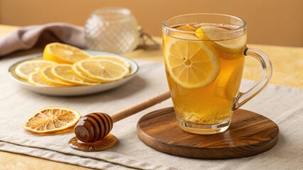 Warm Honey Lemon Tea in a Glass Mug with Fresh Lemon Slices on a Wooden Coaster