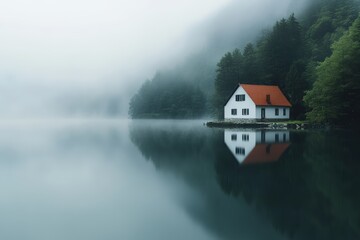 Fototapeta premium A white cottage with a red roof on the edge of a misty lake surrounded by dense forest, with a perfect reflection in the water