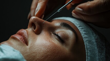 A woman receiving acupuncture treatment at an alternative medicine clinicphotorealistic portrait,