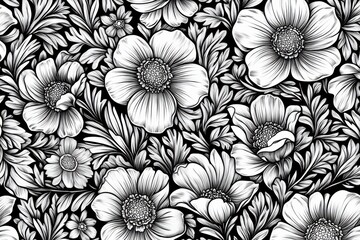 Monochrome floral pattern, black and white.