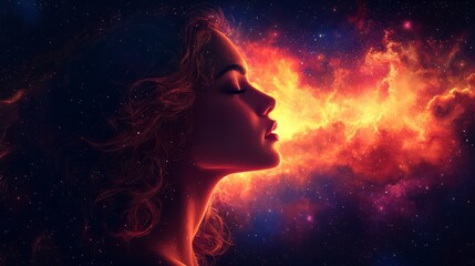 Cosmic Woman: A Fiery Nebula Embraces A Woman'S Profile, Her Hair Swirling Like Stardust.