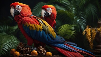Obraz premium Vibrant scarlet macaws perched on a rustic table surrounded by tropical foliage and fruits