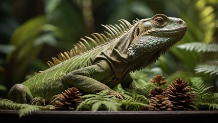 Naklejka premium A green iguana resting among ferns and pine cones in a lush tropical environment