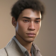Obraz premium A highly detailed, hyper-realistic close-up portrait of an AI-generated human face. This digital artwork features lifelike skin textures, expressive eyes, and natural lighting.