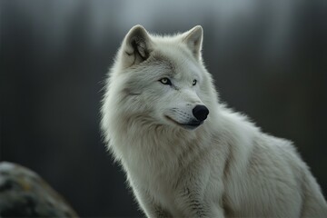 Arctic Wolf Staring Ahead With Intense Gaze On Dim Background A Beautiful Mammal In Nature