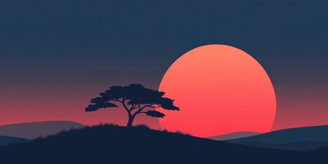 Obraz premium Solitary Tree Silhouette Against a Red Sunset Landscape