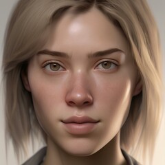 Obraz premium A highly detailed, hyper-realistic close-up portrait of an AI-generated human face. This digital artwork features lifelike skin textures, expressive eyes, and natural lighting.