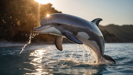 Fototapeta premium Dolphin leaping gracefully out of ocean waters at sunset, showcasing natural beauty and serenity