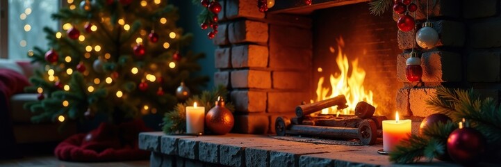 Cozy fireplace with candles and evergreen branches, Christmas tree, Ornaments