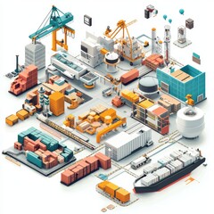 Obraz premium Colorful Illustration of Industrial Shipping and Freight Logistics with Containers and Cranes in a Modern Warehouse Setting