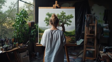 Fototapeta premium A young artist sketching a landscape featuring an oak treephotorealistic portrait,