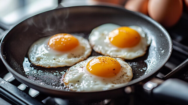 Closeup of fried eggs in a pan