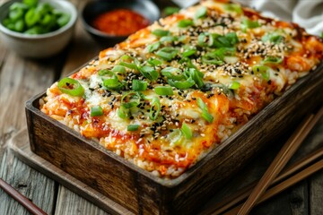 Baked Kimchi Rice with Scallions and Sesame Seeds in Wood Box Ready to Eat Delicious Dish