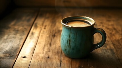 Hot Coffee in Teal Mug on Rustic Wood Table, Warm Light and Steam