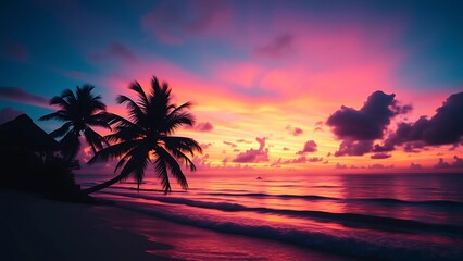 Obraz premium Tropical Sunset with Palm Trees Silhouetted Against Vibrant Sky 