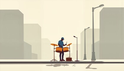 Street performer playing steel drums in minimalist urban setting, creativity