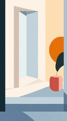 Abstract Interior Scene with Open Door and Plant