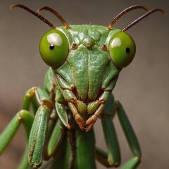A praying mantis’s triangular face and bulging eyes in stunning close-up.